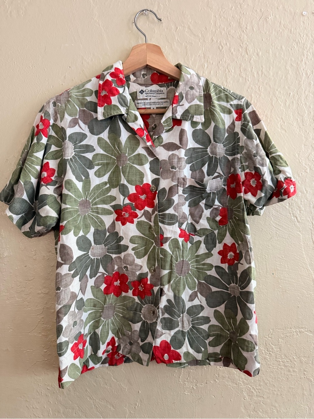 Columbia Green, Red and White Floral Short-Sleeve Button Shirt